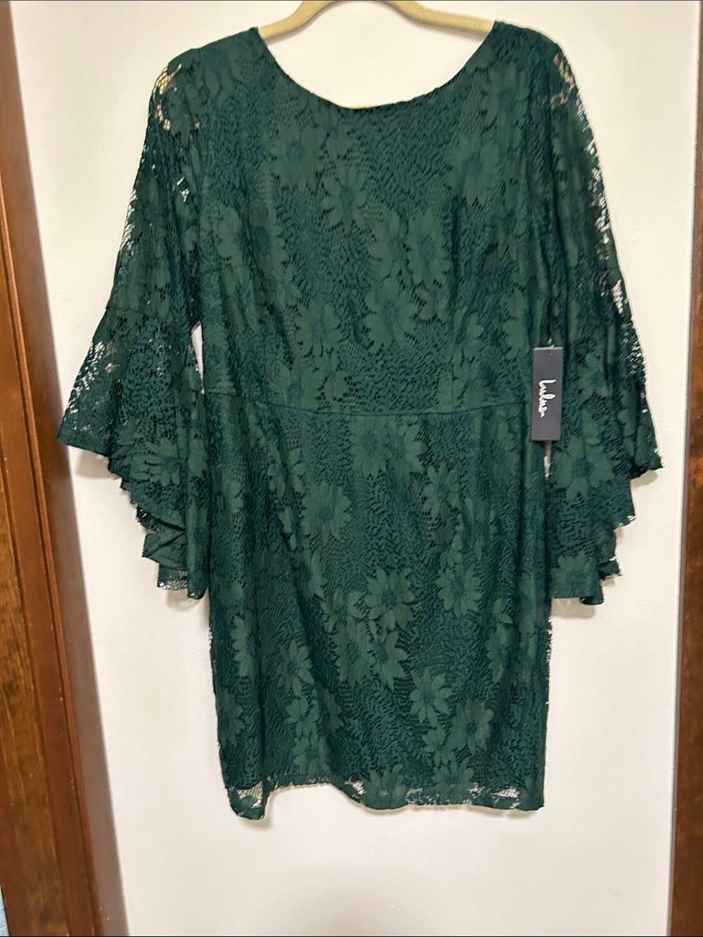 NWT Lulu's Dark Green Floral Lace Dress with Layered Bell Sleeves XL